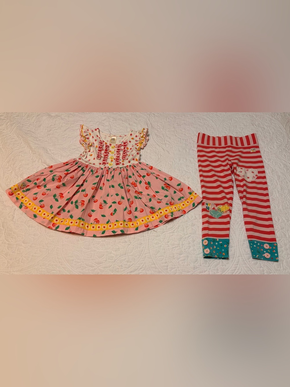 Wildflowers Cherry Twirl Tunic/Dress & Matching Striped Leggings-Size 4